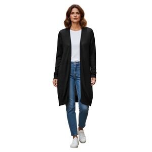 Eileen Fisher Black Open Front Longline Cardigan Textured Knit Sweater